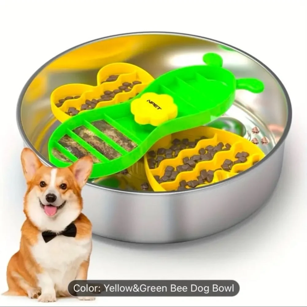 Stainless Steel Slow Feeder Dog Bowl with Bee Design, Non-Slip Silicone Base